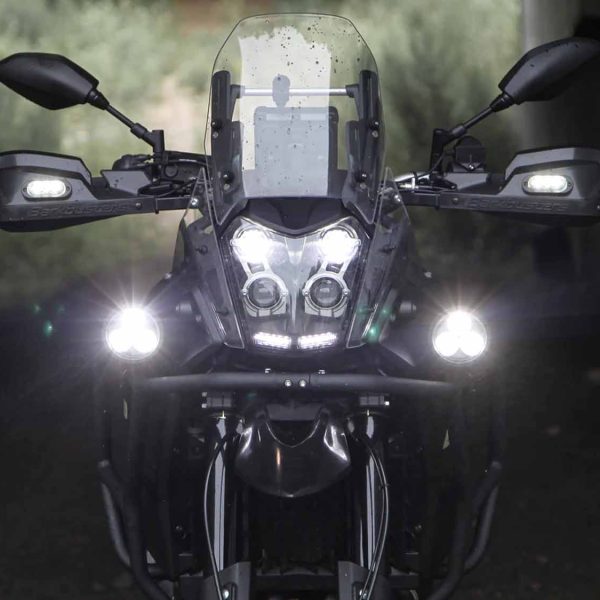 Front View of Yamaha Tenere 700 with Denali D3 Spot Lights controlled by Denali CANsmart Controller for Yamaha