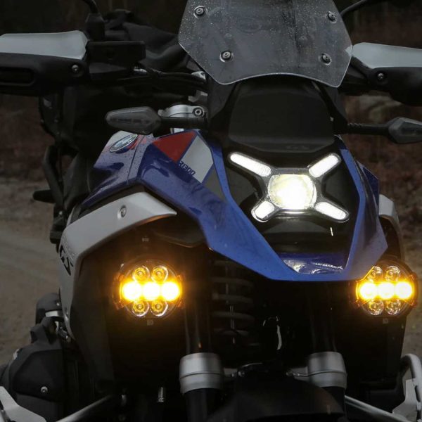 Upper Driving Light Mount - BMW R1300GS LAH.07.11600 with Denali D7 Pro light pods showing the DRL-Indicator Function
