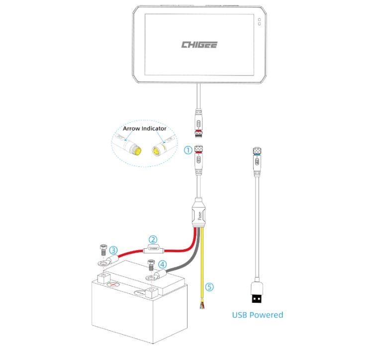 Chigee AIO-5 Play installation diagram showing wiring connection to motorcycle battery and USB power option