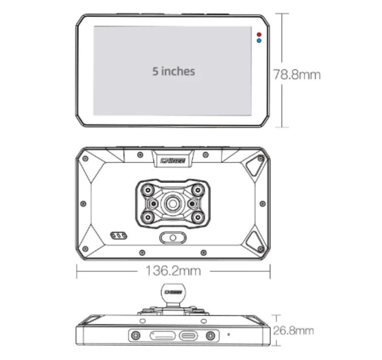 Chigee AIO-5 Play Smart Riding Display dimensions diagram showing 5-inch screen, 136.2 mm width and 78.8 mm height
