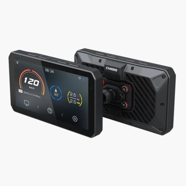 Front and rear view of Chigee AIO-5 Play Smart Riding Display showing rugged housing and mounting connector