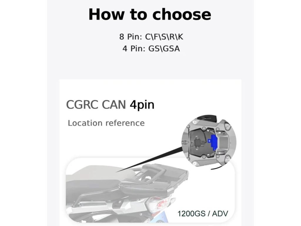 Chigee CGRC CAN 4-pin connection location for BMW R1200 GS and R1200 GSA models.