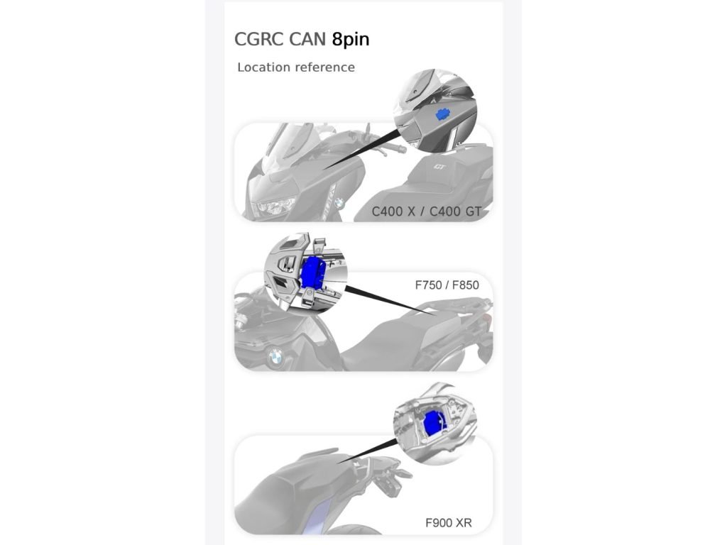 Chigee CGRC CAN 8-pin connector location for BMW C400 X, C400 GT, F750, F850, and F900 XR motorcycles.