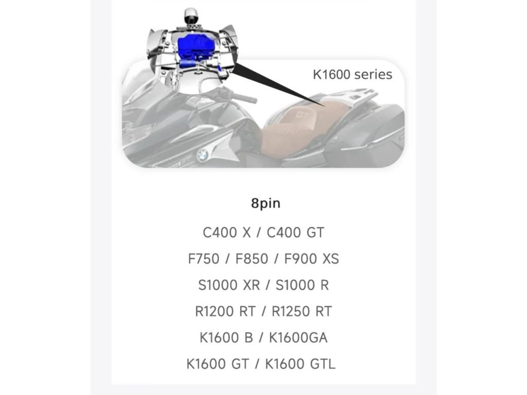 Chigee CGRC CAN 8-pin connection location for BMW K1600 series including K1600 B and K1600 GTL.