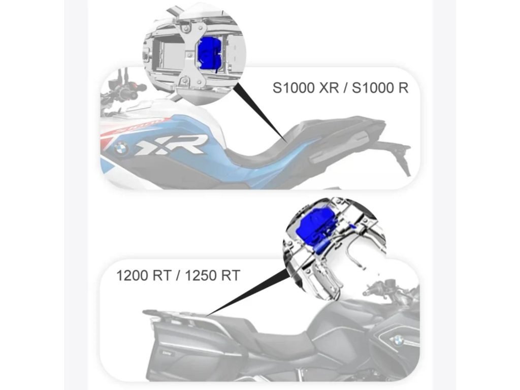 Chigee CGRC CAN 8-pin connector location for BMW S1000 XR, S1000 R, R1200 RT, and R1250 RT motorcycles.