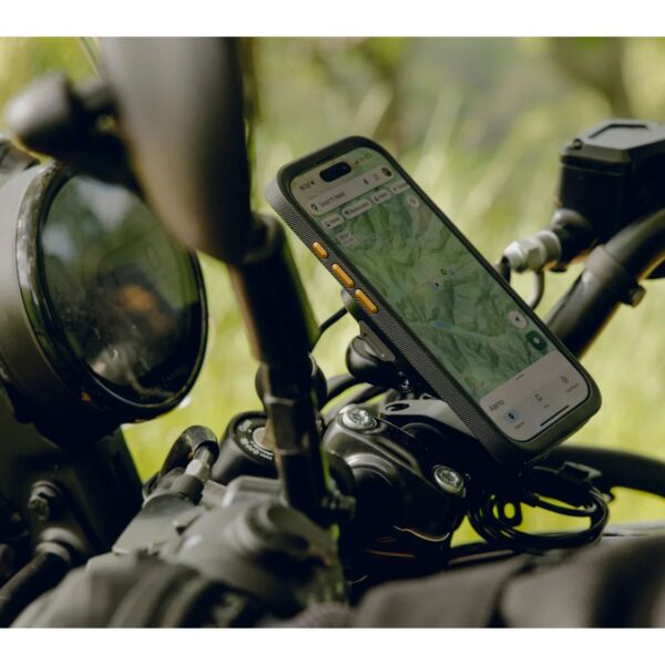 iPhone 16 Pro or iPhone 16 Pro Max displaying navigation in a Peak Design GNAR Case mounted on a motorcycle