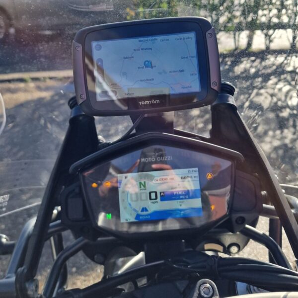 Raised GPS Nav Mount Close-up View for Moto Guzzi V85 models Strada, TT and TT Travel up to 2024
