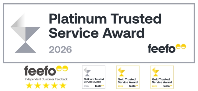 Moto-Mate Platinum Trusted Service Award 2026 with feefo logo and former award logos 2023 2024 and 2025